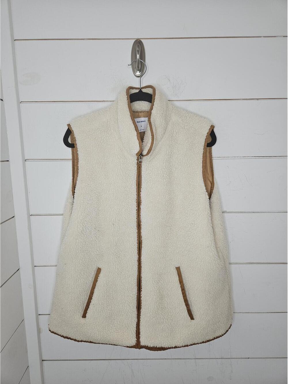 Old Navy XL cream fleece with brown lining & accents full zip vest